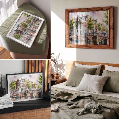 Photo canvas Charming tenement houses by the canal, green trees, calm water