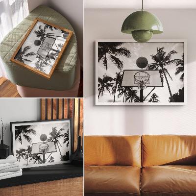 Decorative canvas print Basketball basket in palm trees on a black and white background