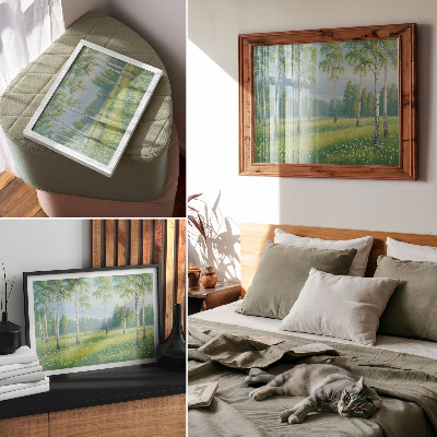 Poster Majestic birch trees green meadow flowers