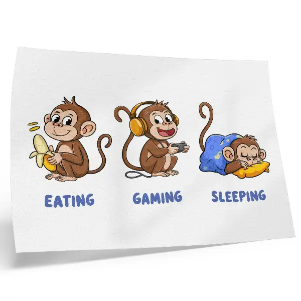 Decorative canvas print funny illustrations of a monkey eating, playing, and sleeping