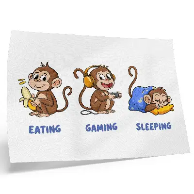 Decorative canvas print funny illustrations of a monkey eating, playing, and sleeping