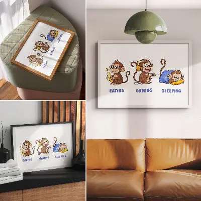 Decorative canvas print funny illustrations of a monkey eating, playing, and sleeping