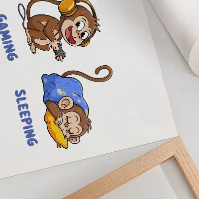 Decorative canvas print funny illustrations of a monkey eating, playing, and sleeping