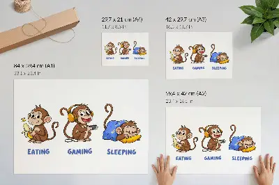 Decorative canvas print funny illustrations of a monkey eating, playing, and sleeping