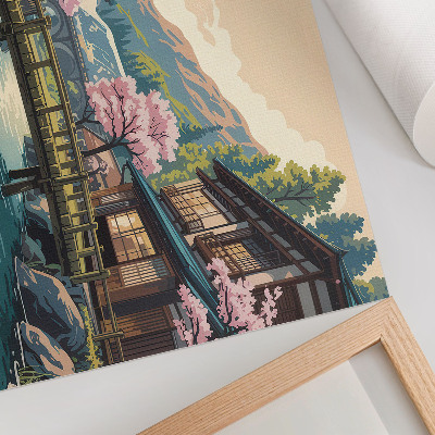 Photo canvas Landscape with Japanese architecture and cherry trees
