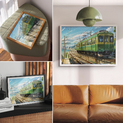 Decorative canvas print Illustrative train in a seaside landscape