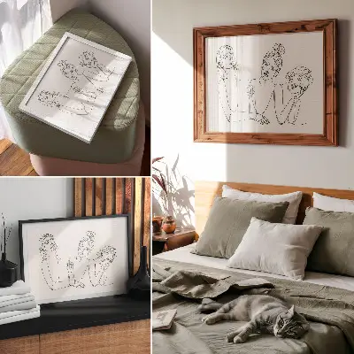 Decorative canvas print black and white lines depicting the intimacy of characters