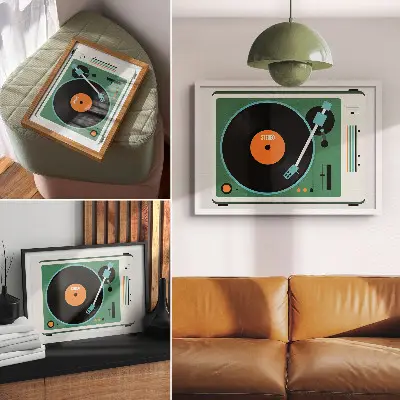 Retro gramophone poster with contrasting geometric colors