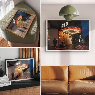 Decorative canvas print featuring retro cinema neon lights in red and cream