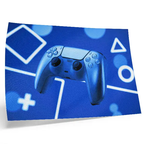 Photo canvas featuring a blue geometric game controller design