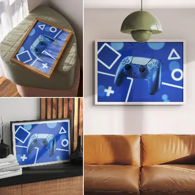 Photo canvas featuring a blue geometric game controller design