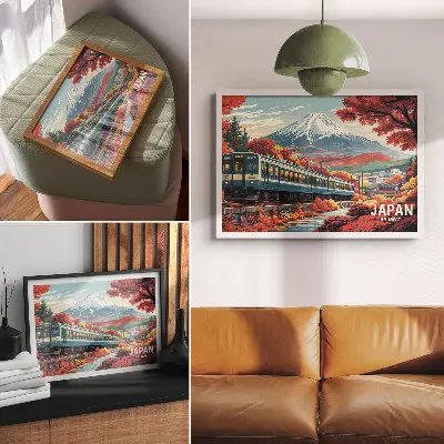 Decorative canvas print a train against a mountain landscape with autumn colors
