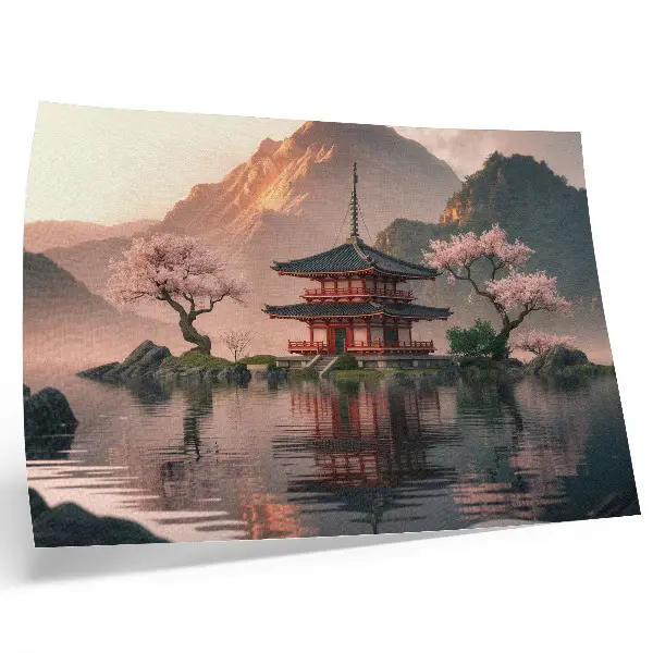 Decorative canvas print featuring an oriental building with mountains, a lake, and cherry blossoms