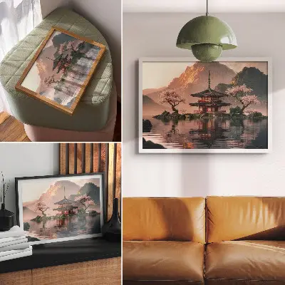 Decorative canvas print featuring an oriental building with mountains, a lake, and cherry blossoms