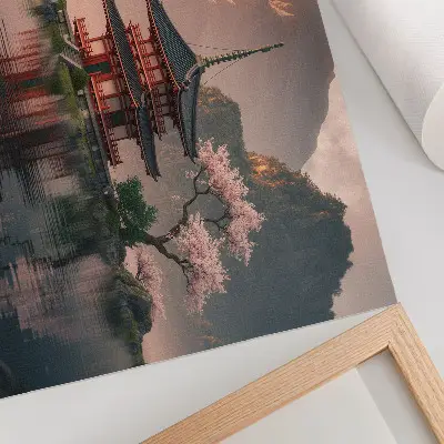 Decorative canvas print featuring an oriental building with mountains, a lake, and cherry blossoms