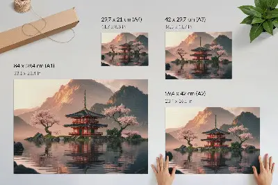 Decorative canvas print featuring an oriental building with mountains, a lake, and cherry blossoms