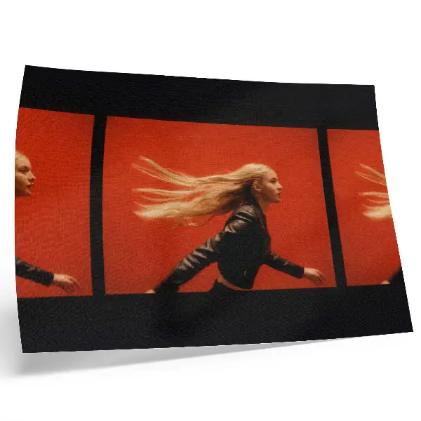 Poster three shots of running on a red background with a modern energy aesthetic