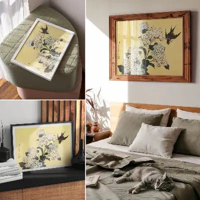 Photo canvas Hokusai Hydrangea and the Swallow 1833 color woodcut print