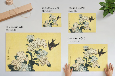Photo canvas Hydrangea and the Swallow (1833) – a color woodcut by Hokusai