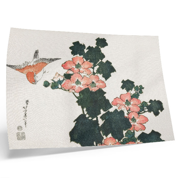 Decorative canvas print Red Roses and a Bird by Katsushiki Hokusai (1760–1849), vintage Japanese woodblock print