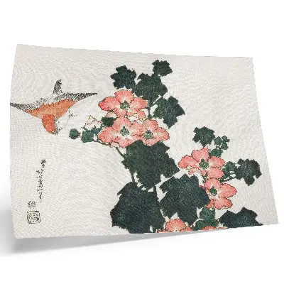 Decorative canvas print of Red Roses and a Bird by Katsushiki Hokusai vintage Japanese woodblock print