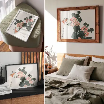 Decorative canvas print of Red Roses and a Bird by Katsushiki Hokusai vintage Japanese woodblock print