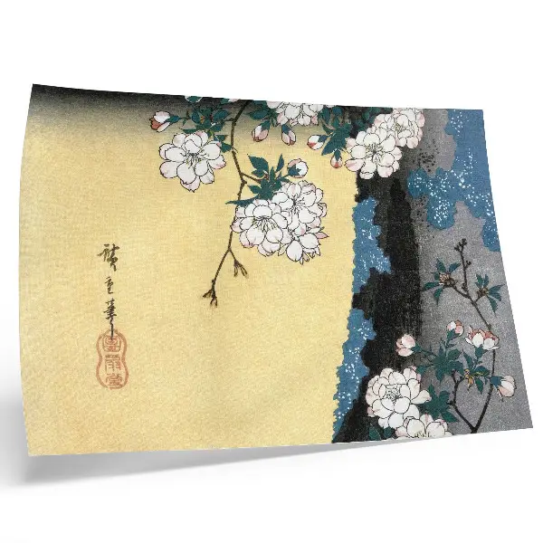 Photo canvas featuring a vintage woodblock print of Japanese Cherry Blossoms from 1837 by Utagawa Hiroshige