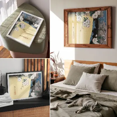 Photo canvas featuring a vintage woodblock print of Japanese Cherry Blossoms from 1837 by Utagawa Hiroshige