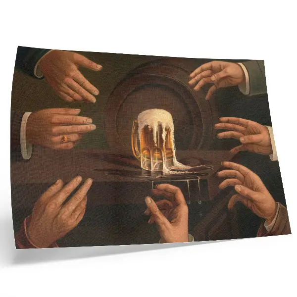 Poster seven male hands surrounding a beer mug
