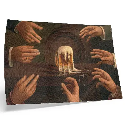 Poster seven male hands surrounding a beer mug