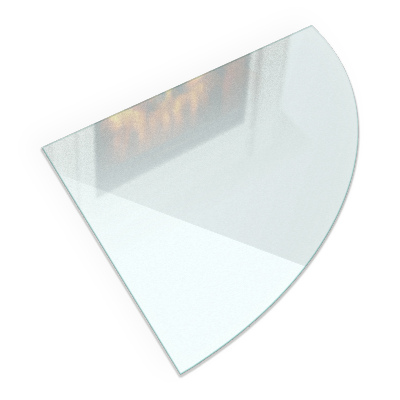 Glass wood burner hearth in a semi-transparent quarter circle shape