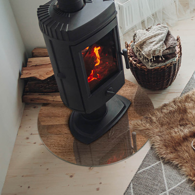 Glass hearth for stove round Natural wood pattern