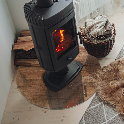 Glass hearth for stove round Natural wood pattern