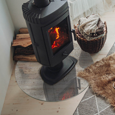 Glass hearth for stove round Light wood texture