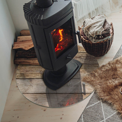Glass fire hearth round Wooden board in the layout