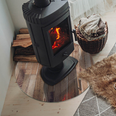 Glass fire hearth round Wooden board in the layout