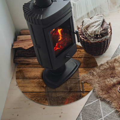 Glass fire hearth round Wooden board with grain