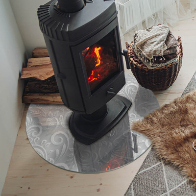 Glass hearth for stove round Elegant plant pattern