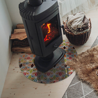Glass hearth for stove round Polygonal patterns in a grid