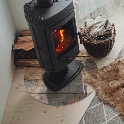 Glass hearth for stove round Natural wood planks