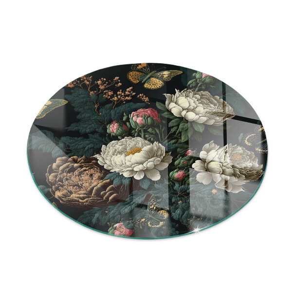 Glass hearth for stove round Floral pattern with butterflies