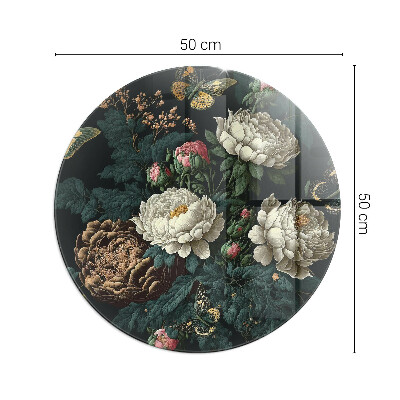 Glass hearth for stove round Floral pattern with butterflies