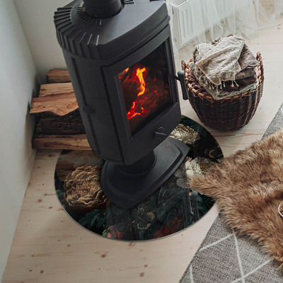 Glass hearth for stove round Floral pattern with butterflies