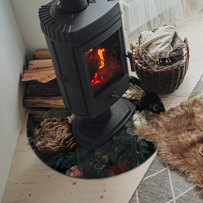 Glass hearth for stove round Floral pattern with butterflies
