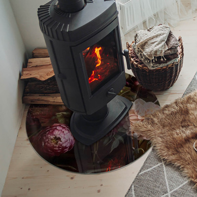 Glass hearth for stove round Flower bouquet in detail