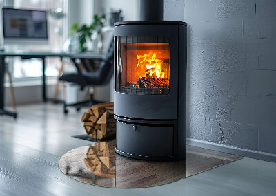 Glass fire hearth semi-oval Wooden board in the layout