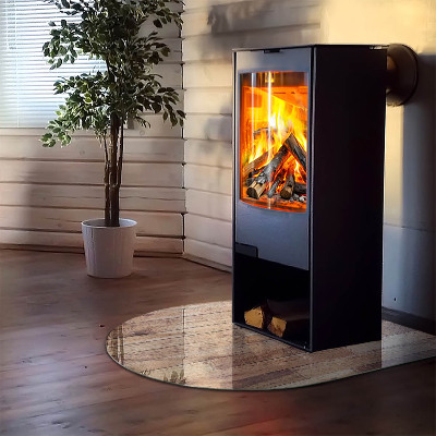 Glass fire hearth semi-oval Wooden board in the layout