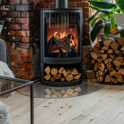 Glass hearth for log burner quarter Concrete texture with effect