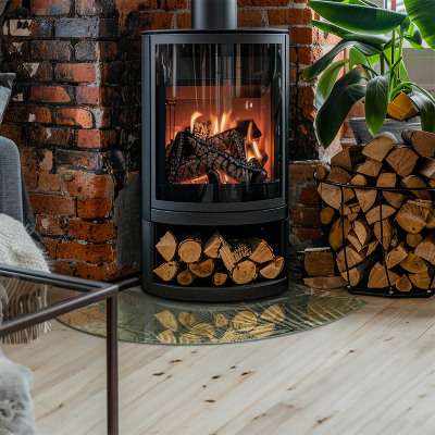 Glass hearth for log burner quarter Tropical leaves in the background