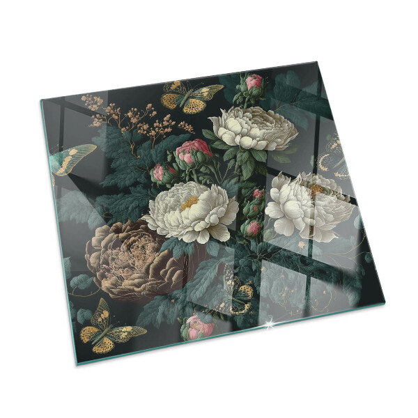 Glass hearth for wood stove rectangular Floral pattern with butterflies